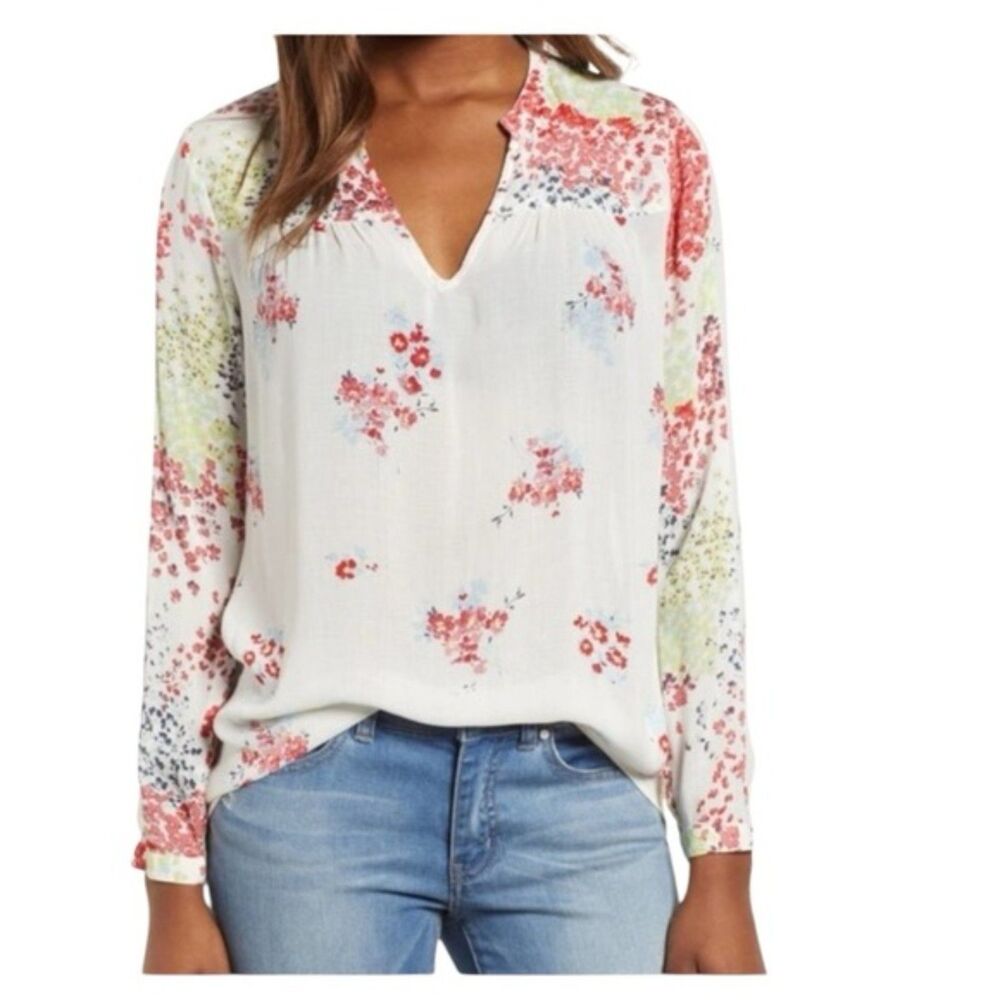 Lucky Brand Floral V-neck High Low Button Sleeve Blouse Size Small